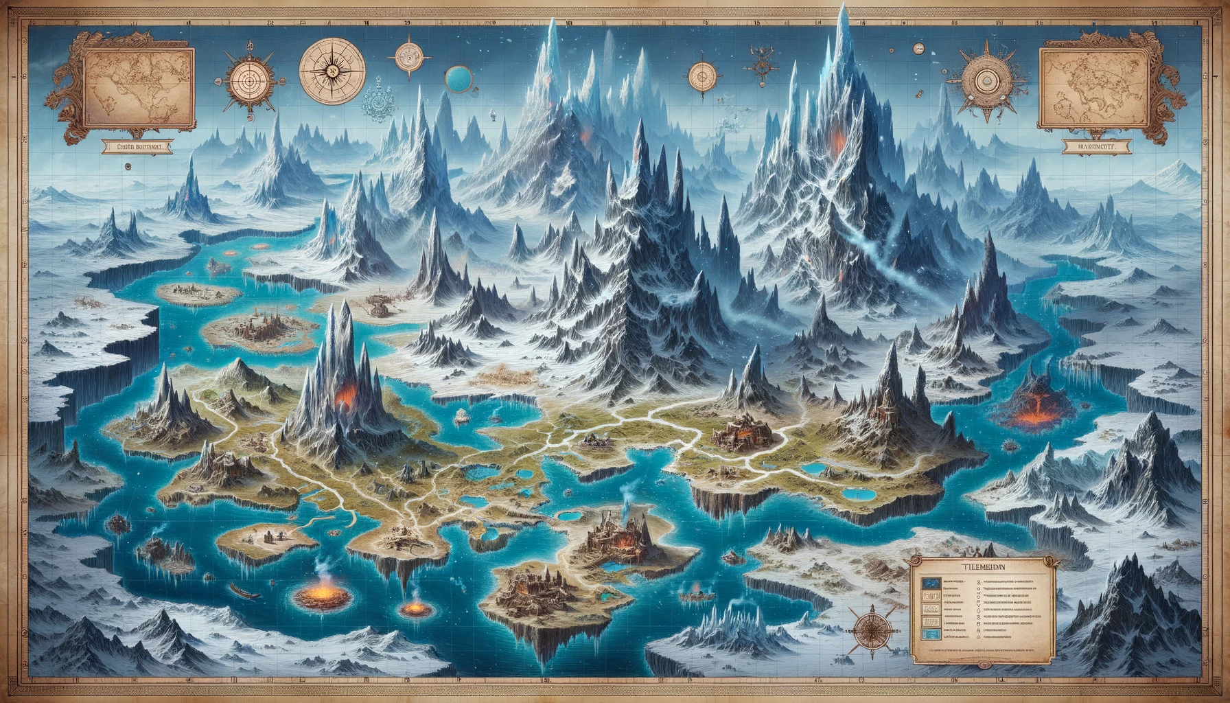 DALL·E 2024-02-19 13.02.01 - A map of the Frostspire Tundra, a vast, icy expanse in the northern reaches of a fantasy world. The map features towering ice spires, jagged ice forma.webp