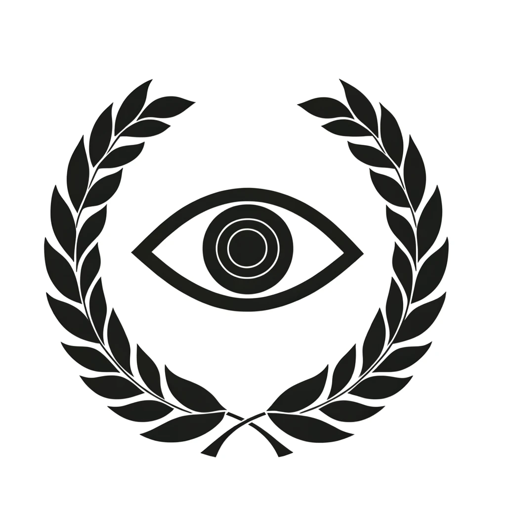 DALL·E 2024-02-19 13.30.49 - The symbol of Juna, Goddess of Wisdom and Strategy, consists of an open eye surrounded by a laurel wreath. The eye represents insight and wisdom, whil.webp|200