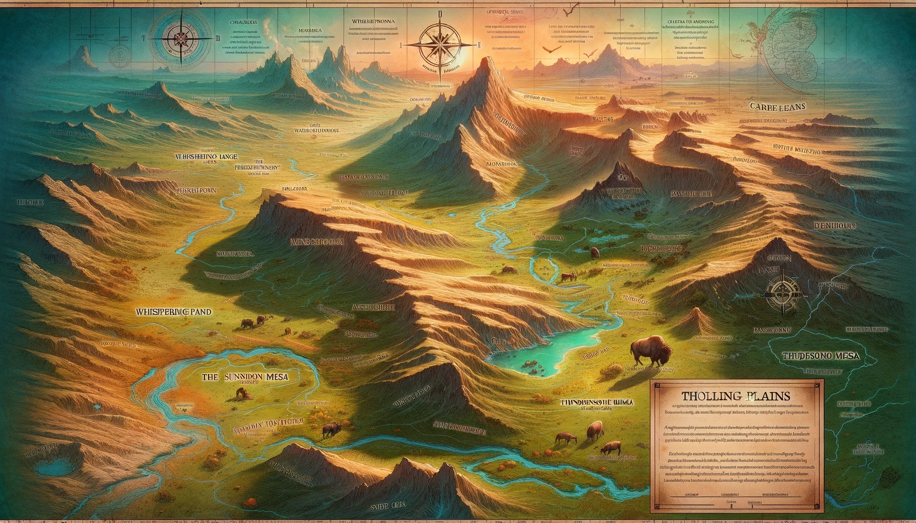 DALL·E 2024-02-19 14.13.30 - A map of the Rolling Plains, a vast region characterized by endless grasslands, gently undulating hills, and a temperate climate. The map features sev.webp