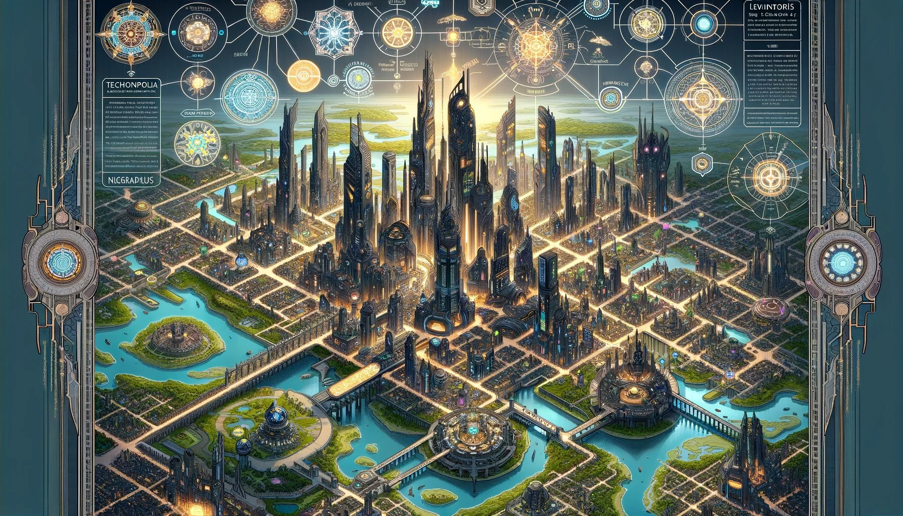 DALL·E 2024-02-19 14.42.53 - A map of the Technocrat city-state, also known as The Technopolis, showcasing its architectural innovation and advanced infrastructure. The city featu.webp