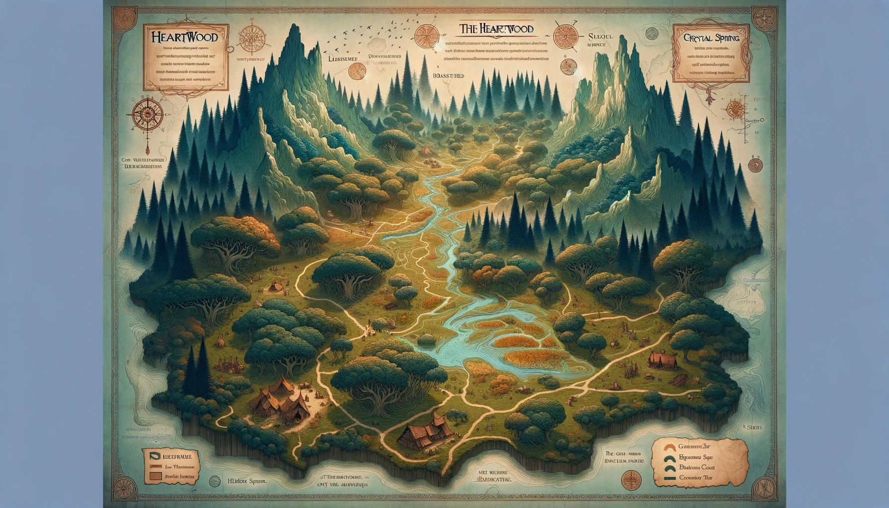 DALL·E 2024-02-19 15.14.23 - A map of the Mystical Forest, an expansive and ancient woodland known for its magical environment. The forest features towering trees, dense underbrus.webp