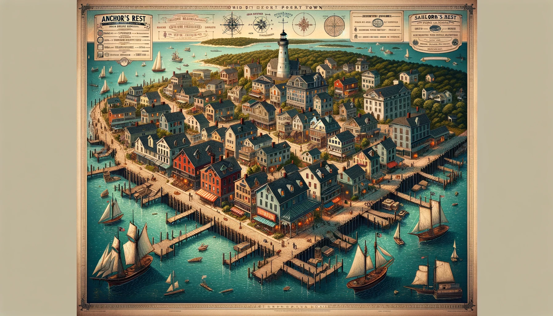 DALL·E 2024-02-19 18.22.38 - A map of Anchor's Rest, a historic port town along the Azure Shores. The town features well-preserved buildings with maritime motifs, cobblestone stre.webp
